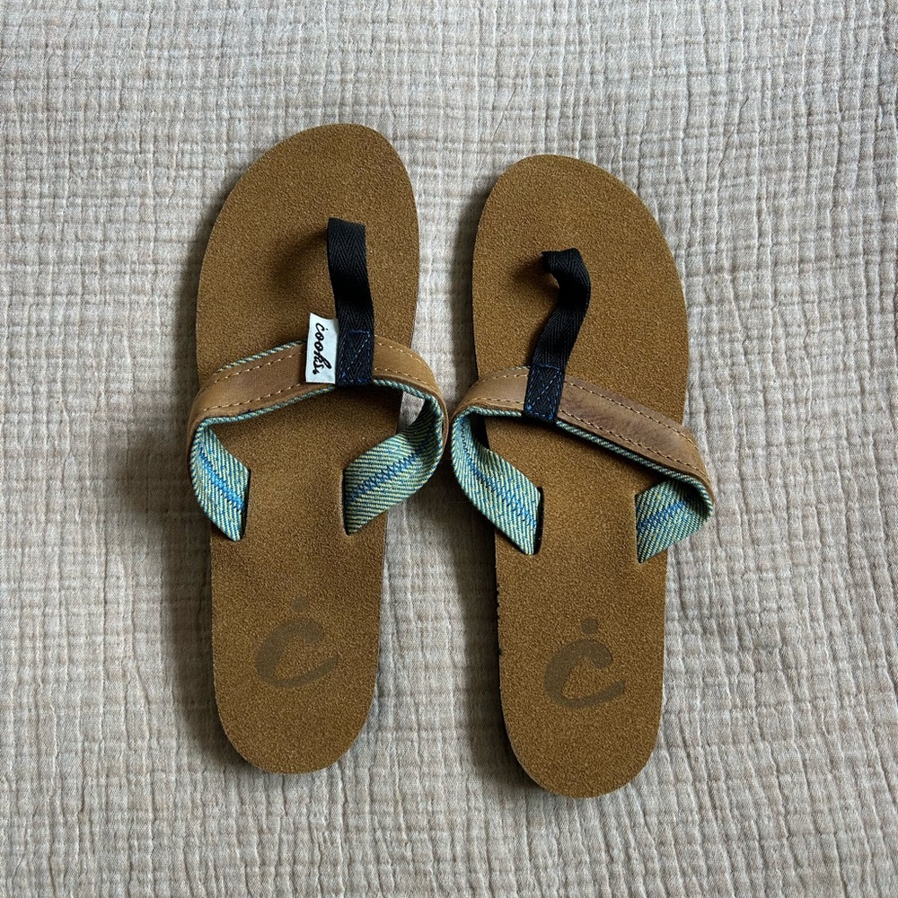 Brown and Blue Flip Flops